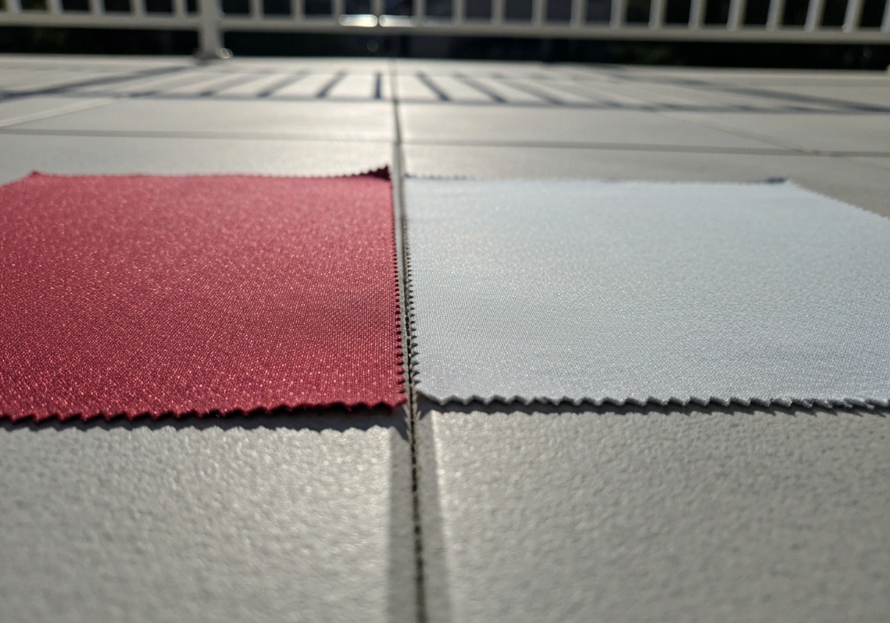 Two fabric swatches—solution-dyed acrylic and polyester—laid side by side showing texture and color under sunlight.