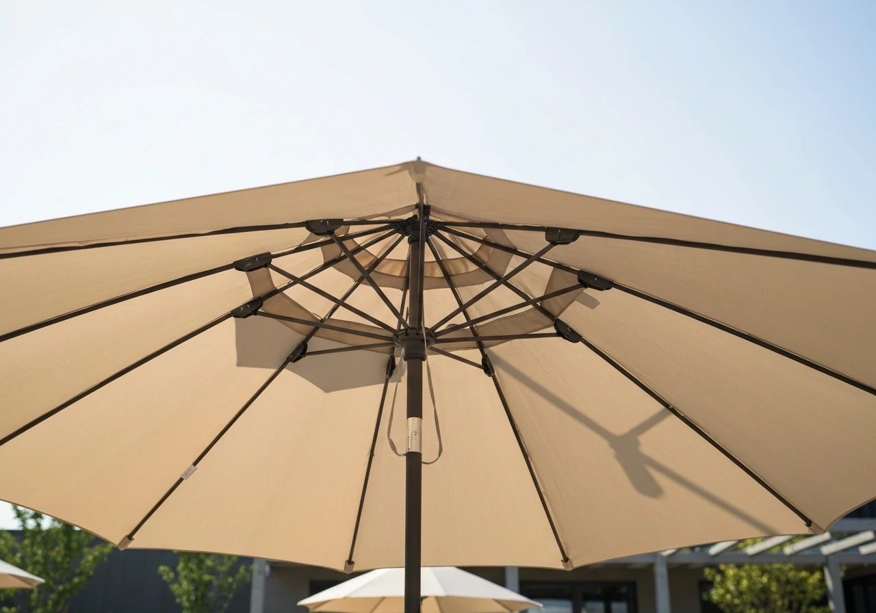 Open 11-foot umbrella showing a wind vent and secure tie-down straps to reduce lift in gusts.