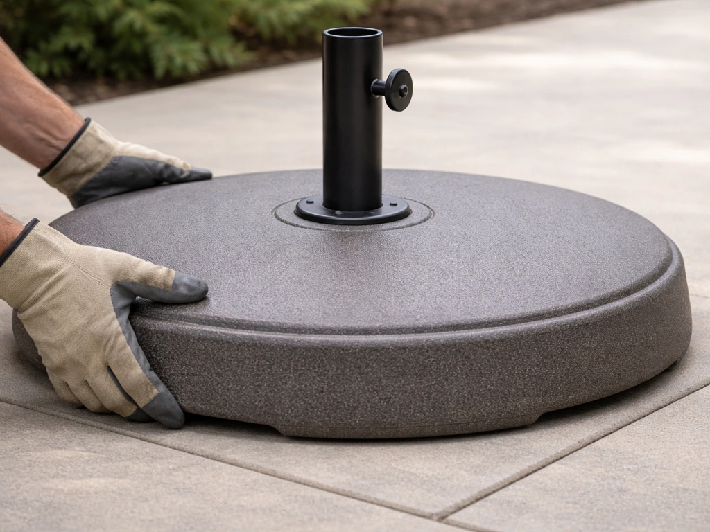 Gloved hands carefully placing a heavy umbrella base on a patio for stability under an 11-foot canopy.
