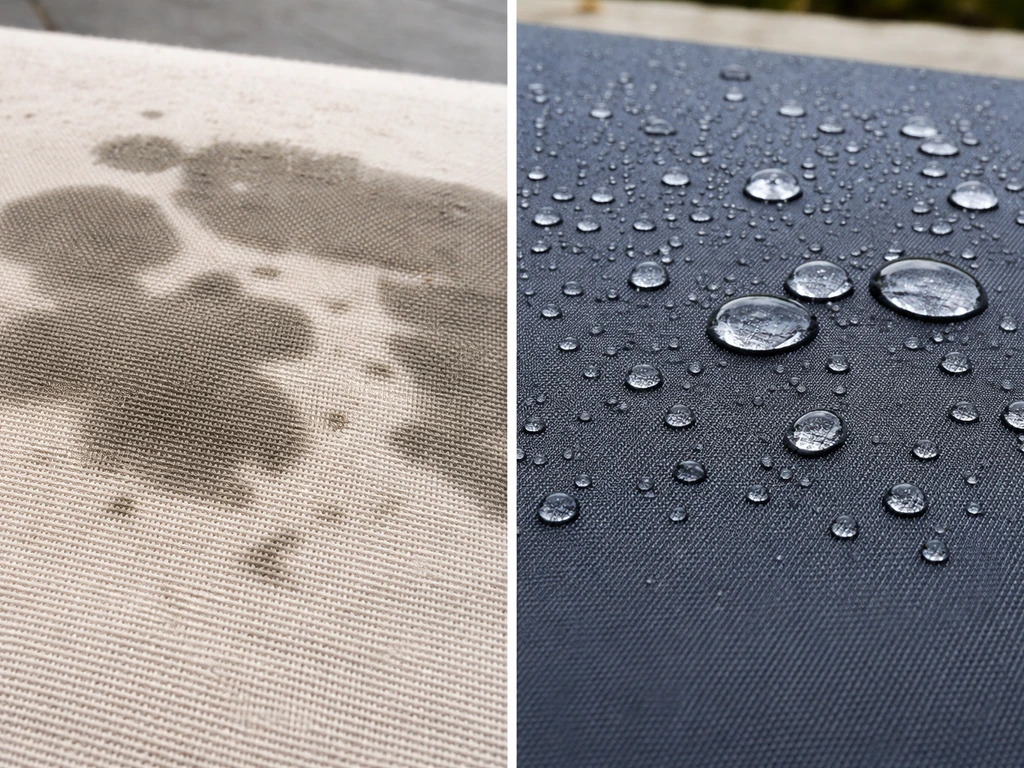 Split view of canvas fabric soaking up water versus synthetic canopy beading water droplets.