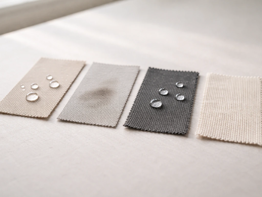 Close-up of fabric swatch lineup showing water beads and clean, mildew-test stains on a neutral table.