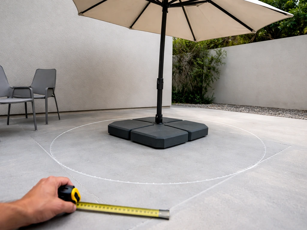 Measured clear floor space around a cantilever umbrella base with the canopy angled away from nearby furniture