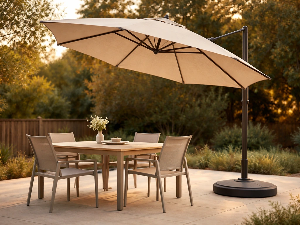 Golden-hour patio scene with an open umbrella showing canopy size, tilt, and a stable base.