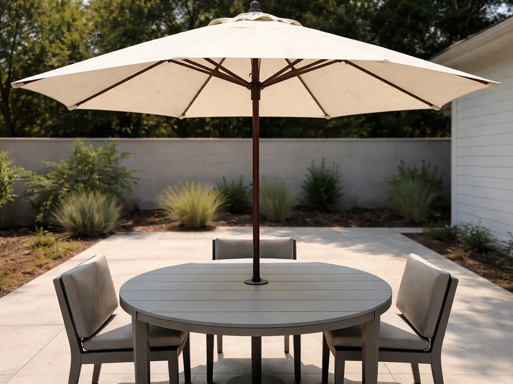 A market patio umbrella pole runs straight through a patio table hole, centered and properly aligned.