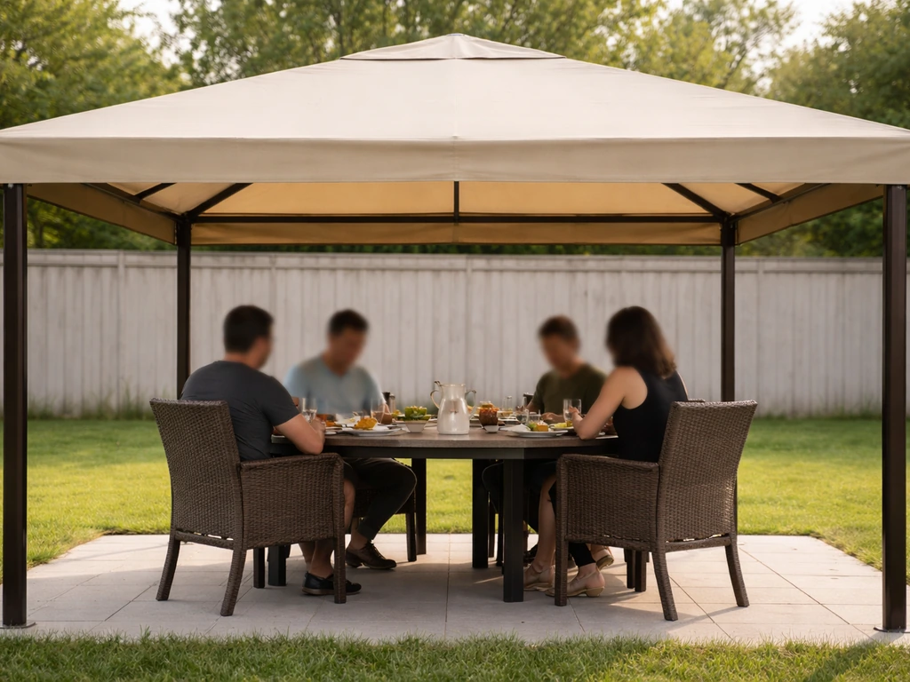 Patio dining table under a canopy showing the fabric extending about 2 feet beyond the table edges.