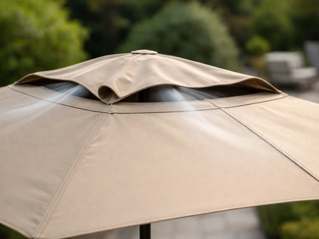 Close-up of a patio umbrella canopy showing wind vents with airflow passing through the vented top