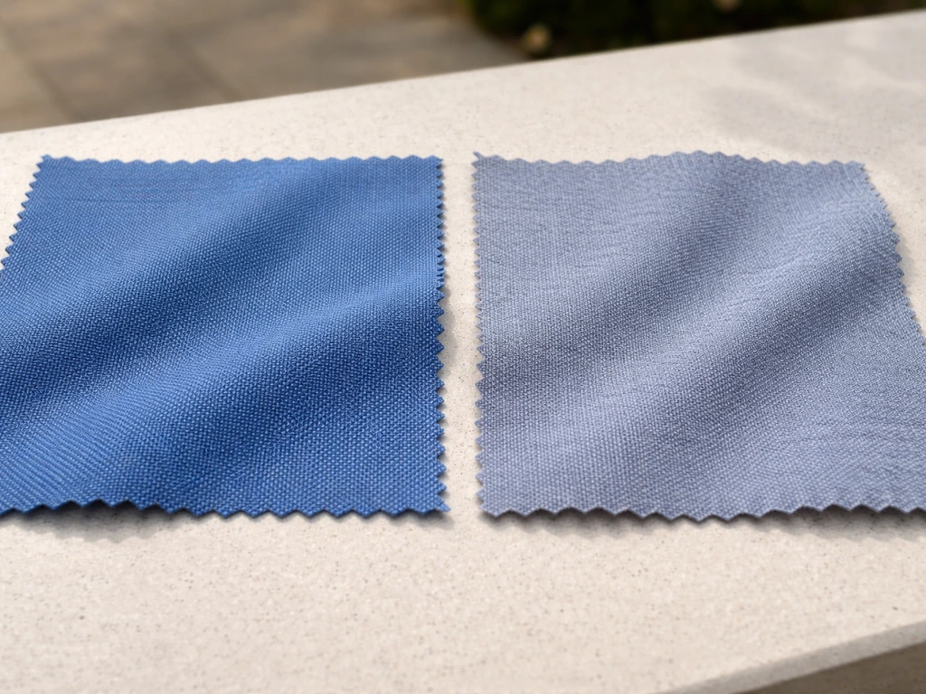 Close-up of two canopy fabric swatches showing richer color retention on one versus muted polyester on the other.
