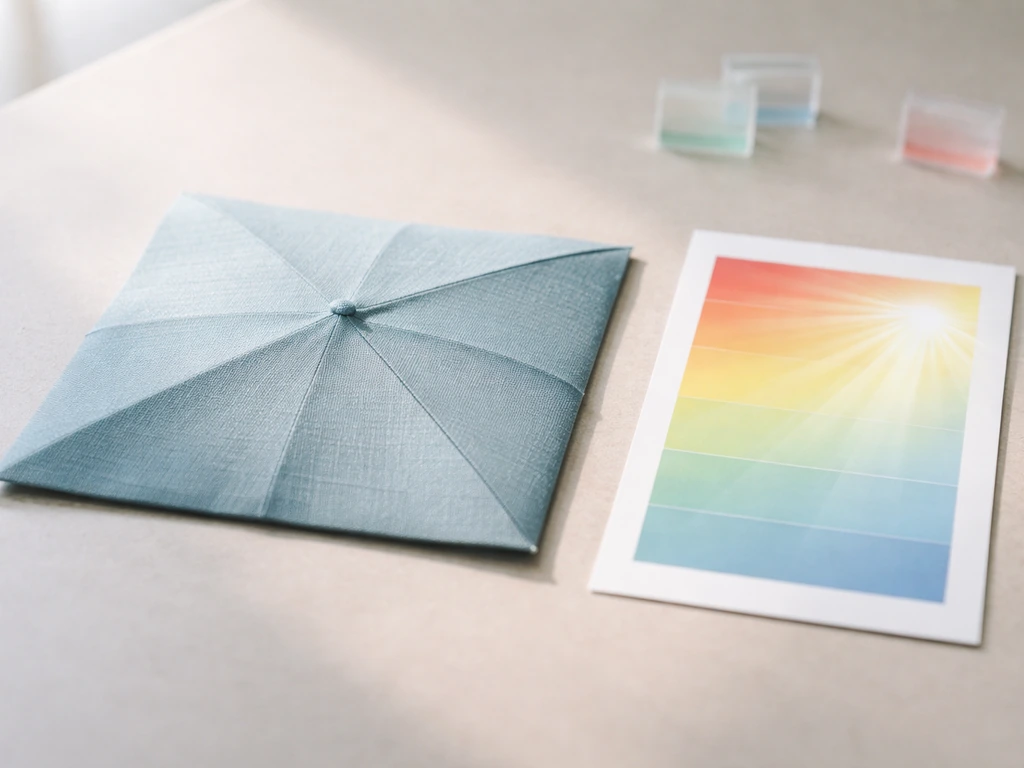 Umbrella canopy fabric sample beside a simple color-coded UPF rating card concept (no readable text).
