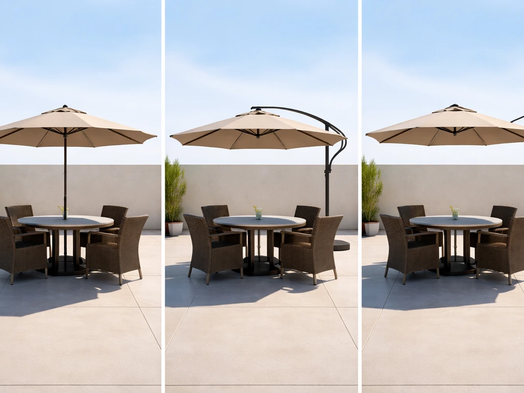 Three umbrellas styles over a patio table showing how poles affect UV shade coverage