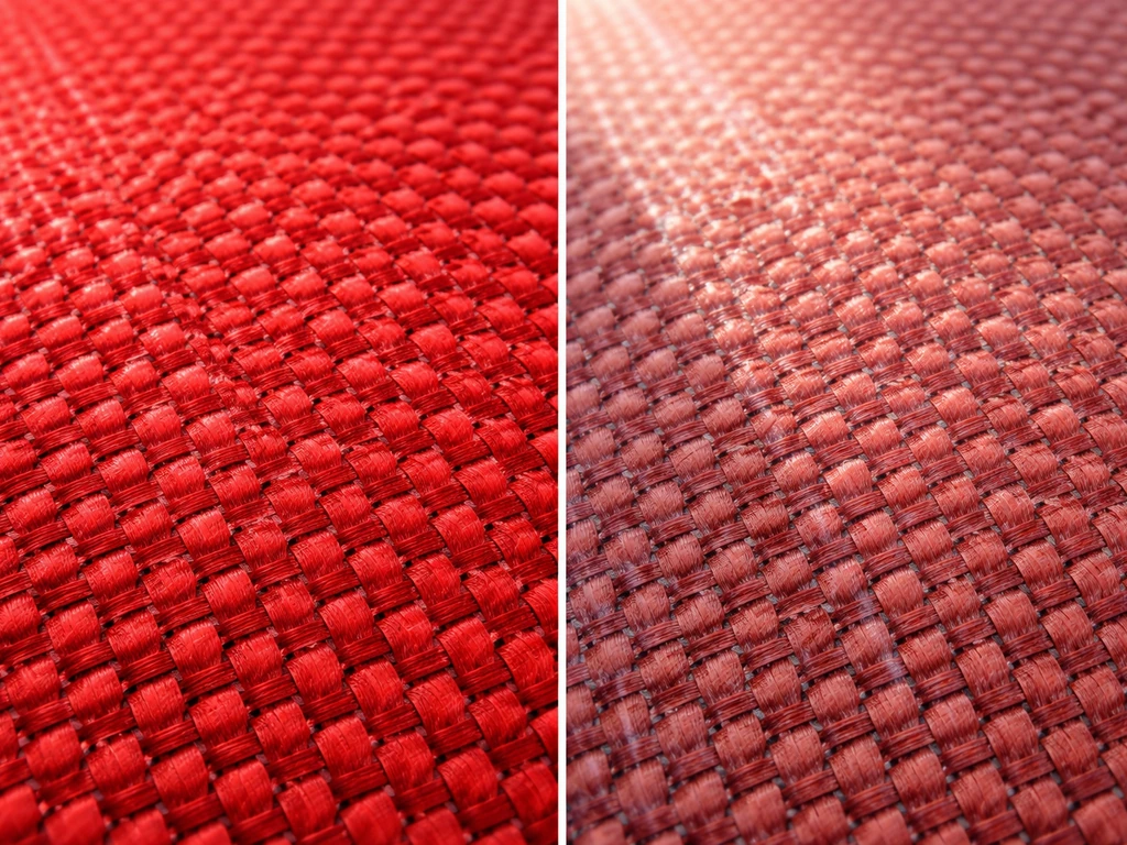 Close-up of solution-dyed acrylic canopy fabric threads, showing new vs sun-faded durability without text.
