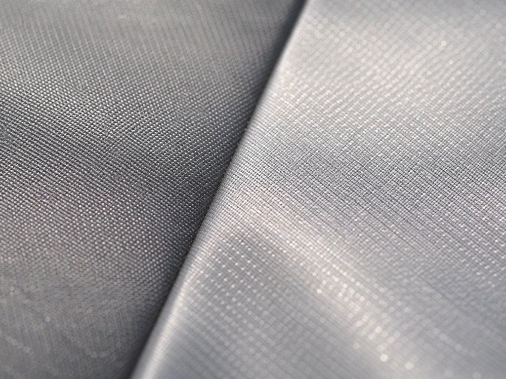 Macro photo of a polyester umbrella canopy showing a PU/UV coated fabric weave in tight and loose patterns.