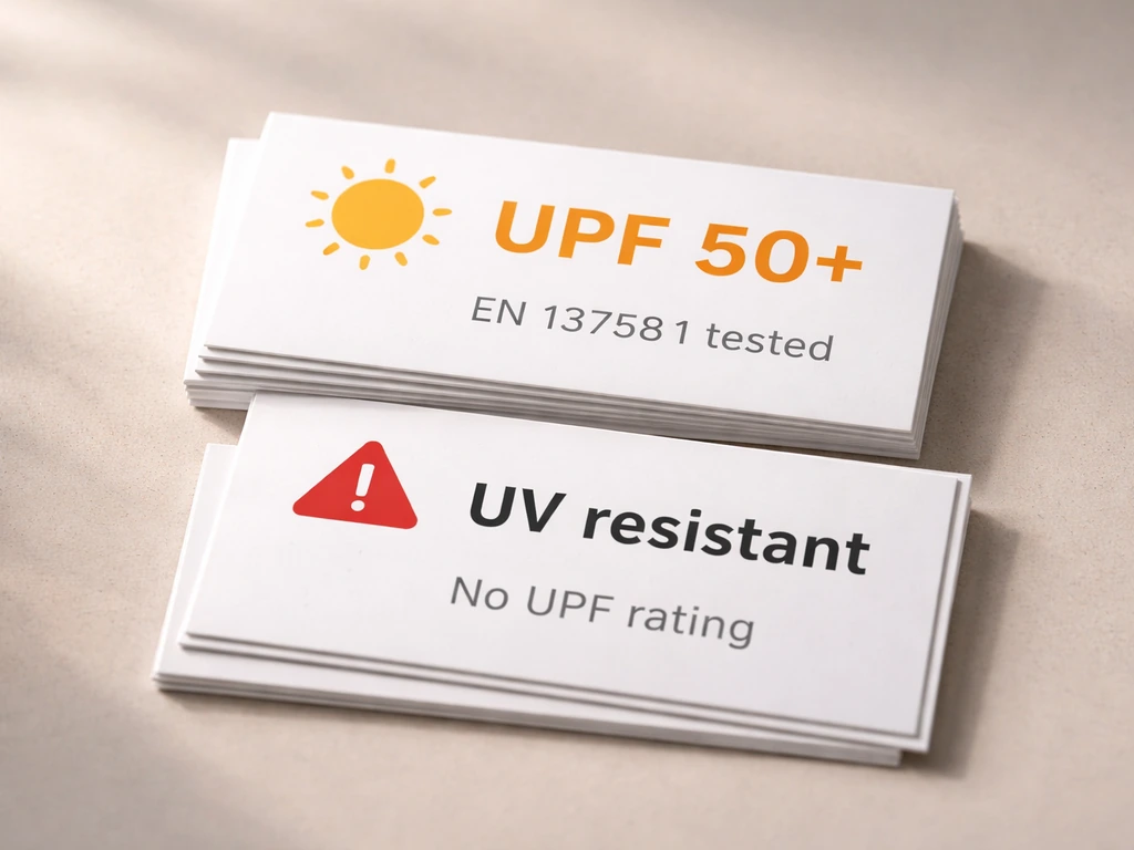 Close-up of printed spec cards showing UPF rating, test standards, and a red-flag “UV resistant” example.