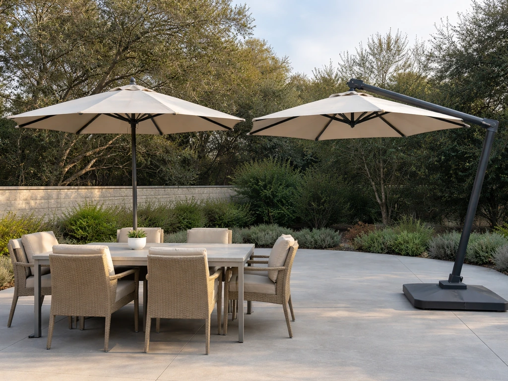 Patio table with one center-pole umbrella and one offset cantilever umbrella, showing pole placement and clearance.