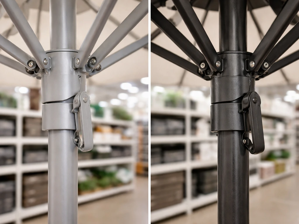 Close-up of two patio umbrella frames, one aluminum and one steel, side-by-side in a store aisle