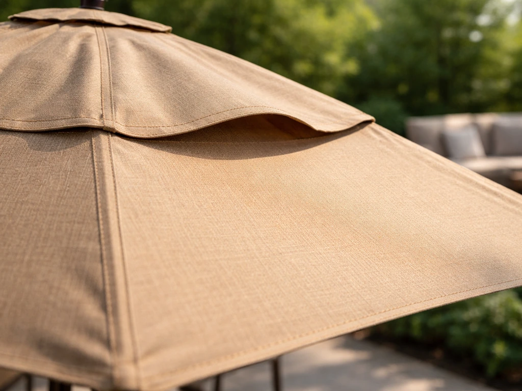 Close-up of a patio umbrella canopy showing wind vent and sunlit fabric texture outdoors.