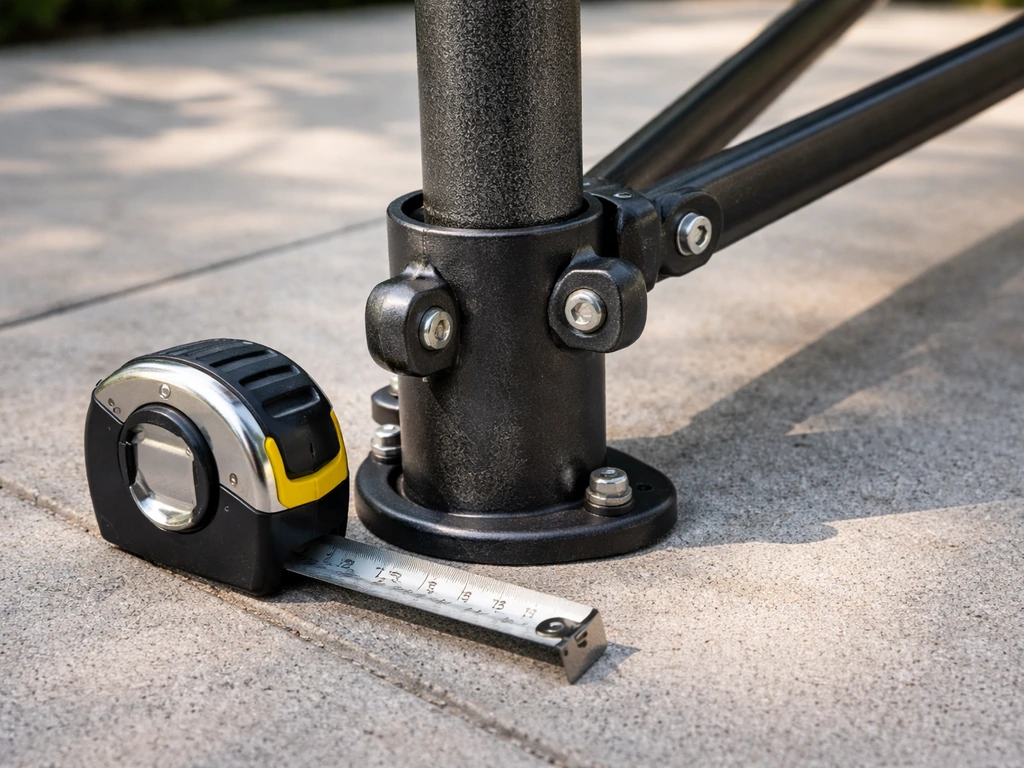 Close-up of a patio umbrella’s thick metal pole and sturdy frame hardware with a tape measure nearby.