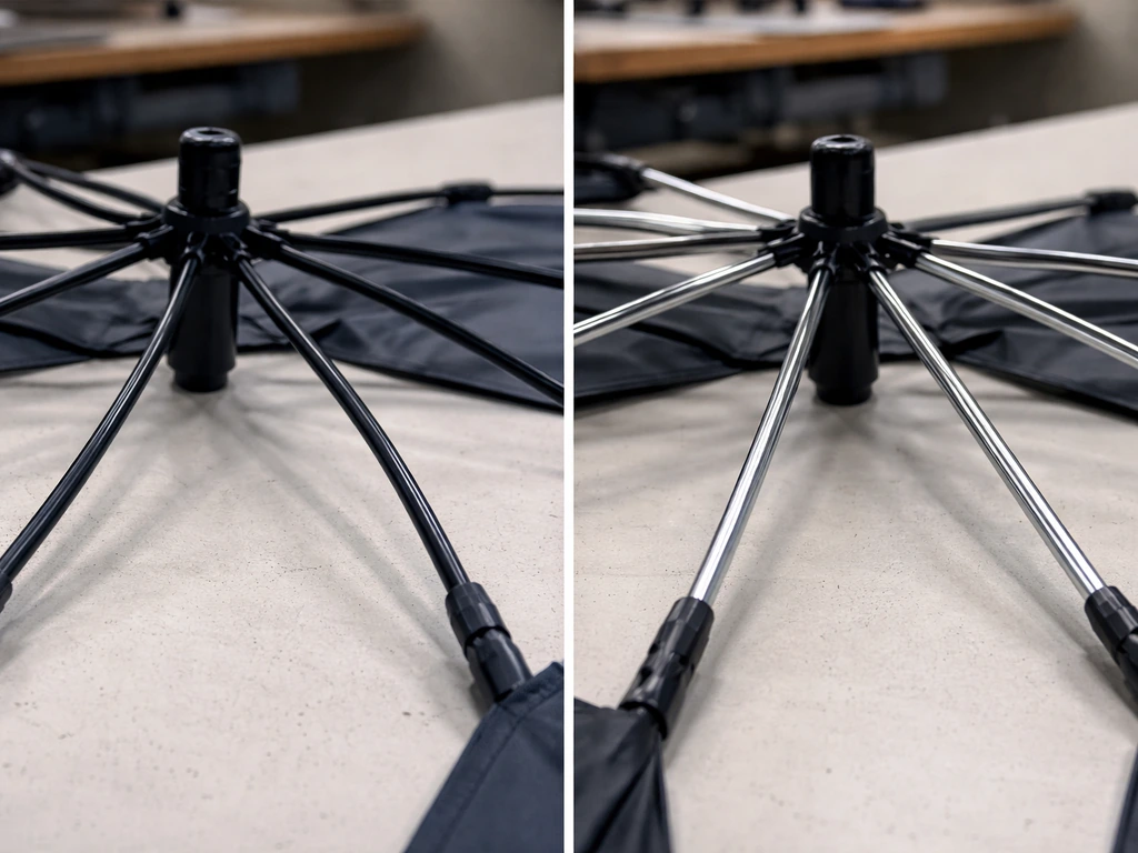 Close-up side-by-side of umbrella canopies: fiberglass ribs flex and return, aluminum ribs stay rigid.