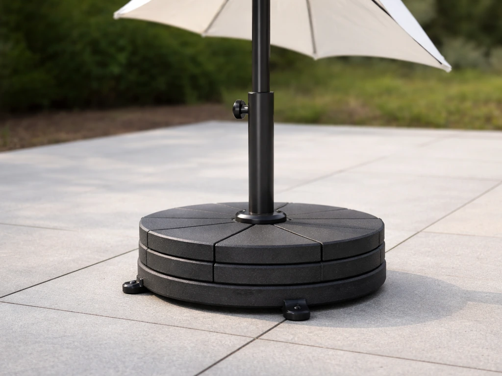 Weighted patio umbrella base with pole securely inserted, standing stable on an outdoor patio.