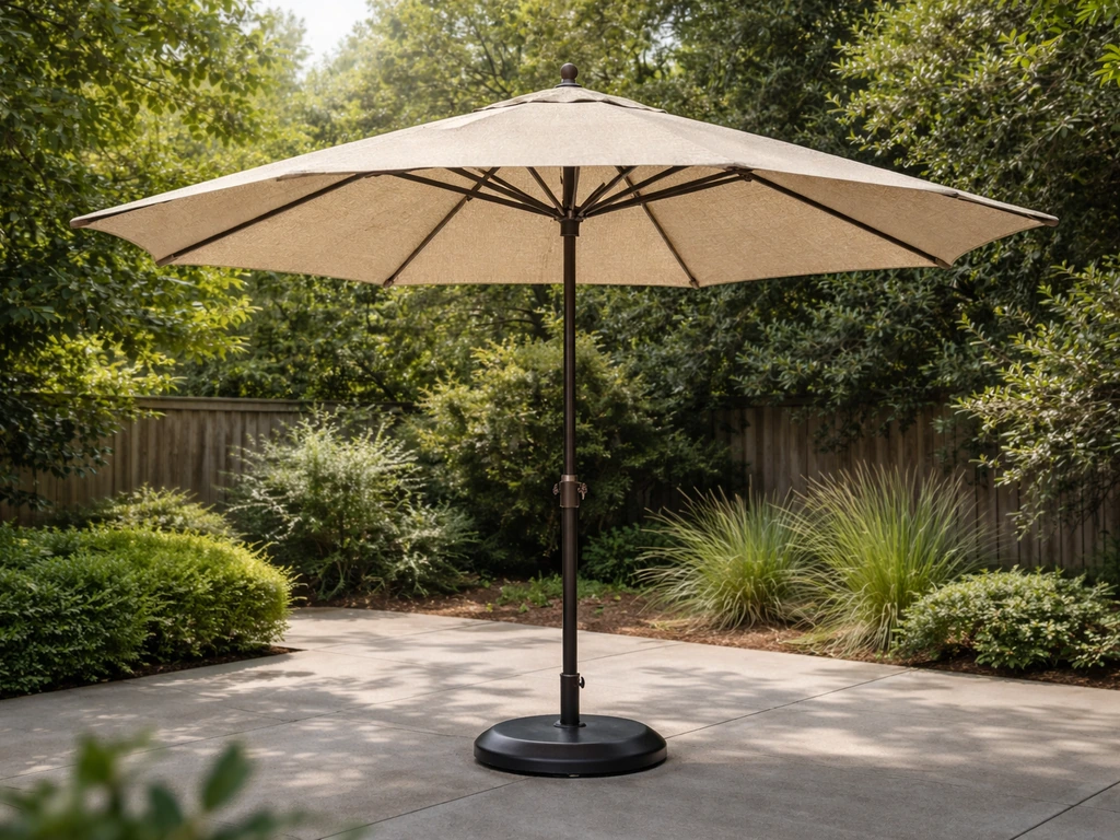 Heavy-duty 11-foot center-pole market umbrella fully open in a quiet backyard patio.