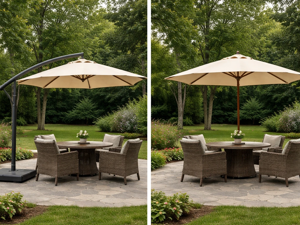 Side-by-side cantilever umbrella with open underside versus center-pole umbrella blocking the middle.