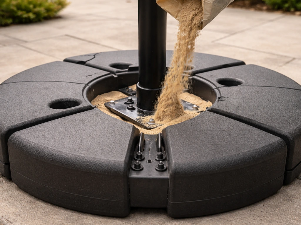 Close-up of an open umbrella base filled with sand, anchored on a patio for stability in wind.