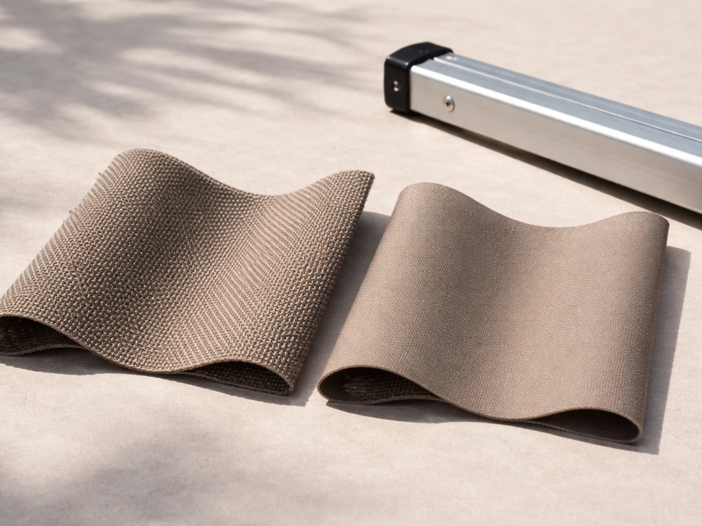 Close-up of two canopy fabric swatches and an aluminum umbrella frame segment on a neutral tabletop.