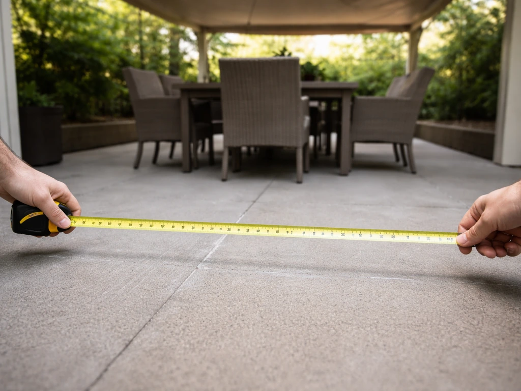 Person measuring a patio dining area with a tape measure to estimate canopy coverage.