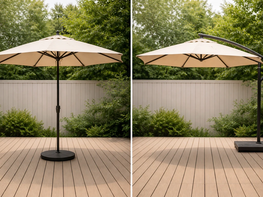 Side-by-side umbrellas: center-pole in one frame, cantilever with open center in the other.