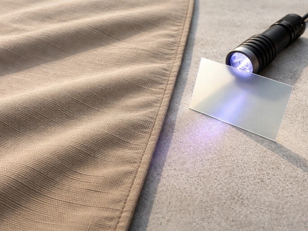 Close-up of outdoor umbrella canopy fabric weave with a small UV test light beside it