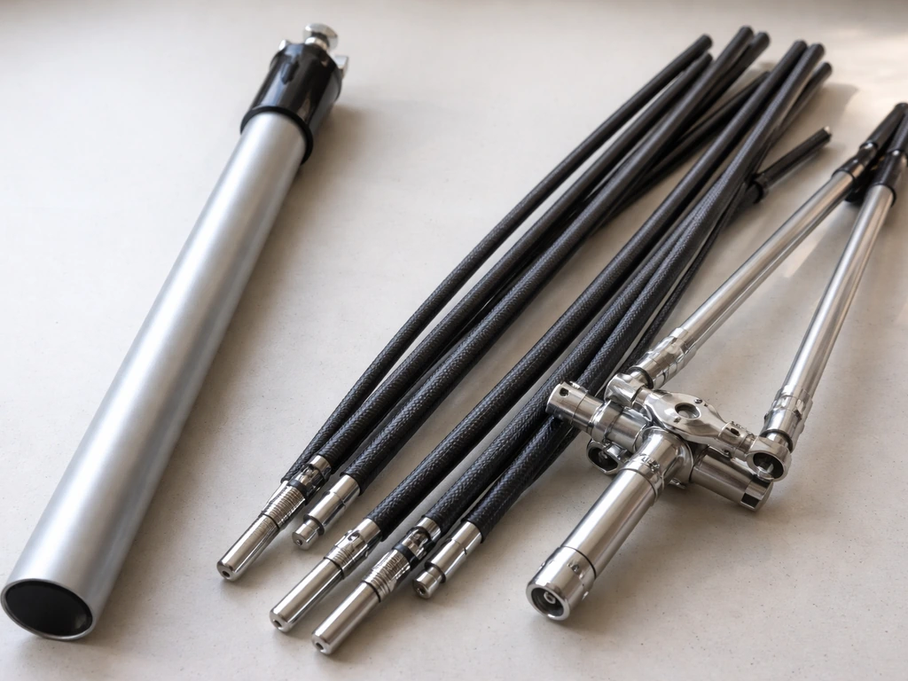 Close-up of an aluminum umbrella pole beside fiberglass ribs and rib joints on a work surface.