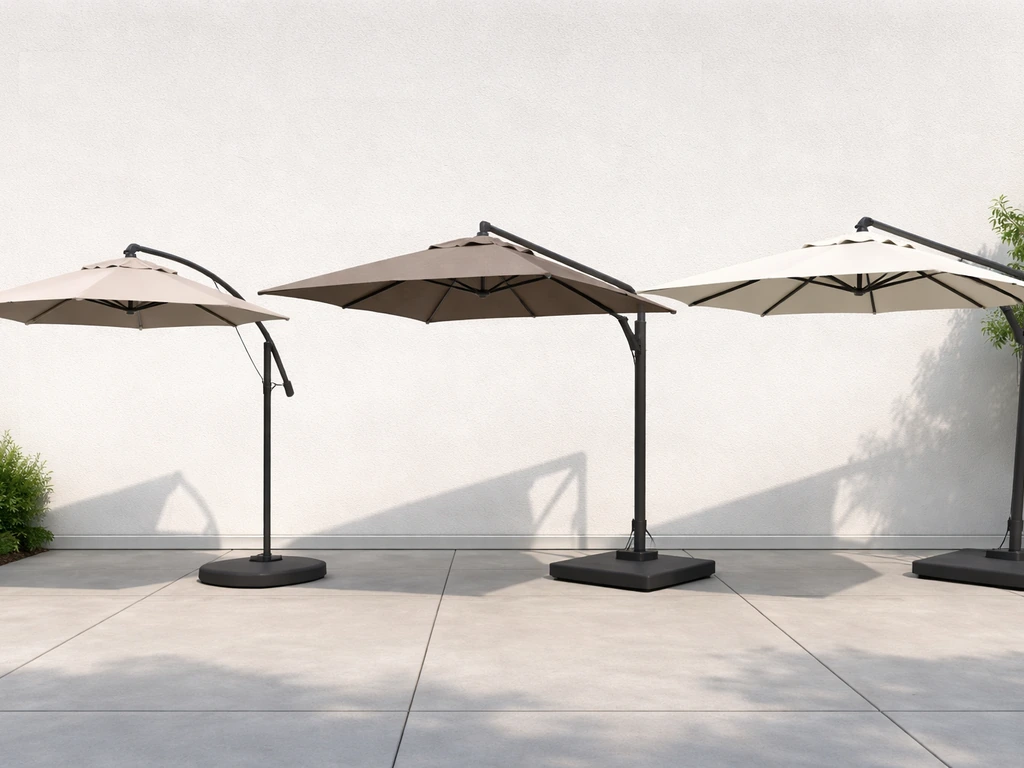 Three patio market umbrellas staged side by side to compare entry, mid, and premium options.