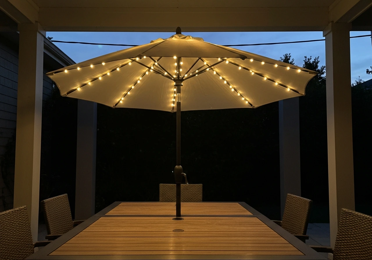 Warmly glowing lighted patio umbrella over a dining table on a covered patio.