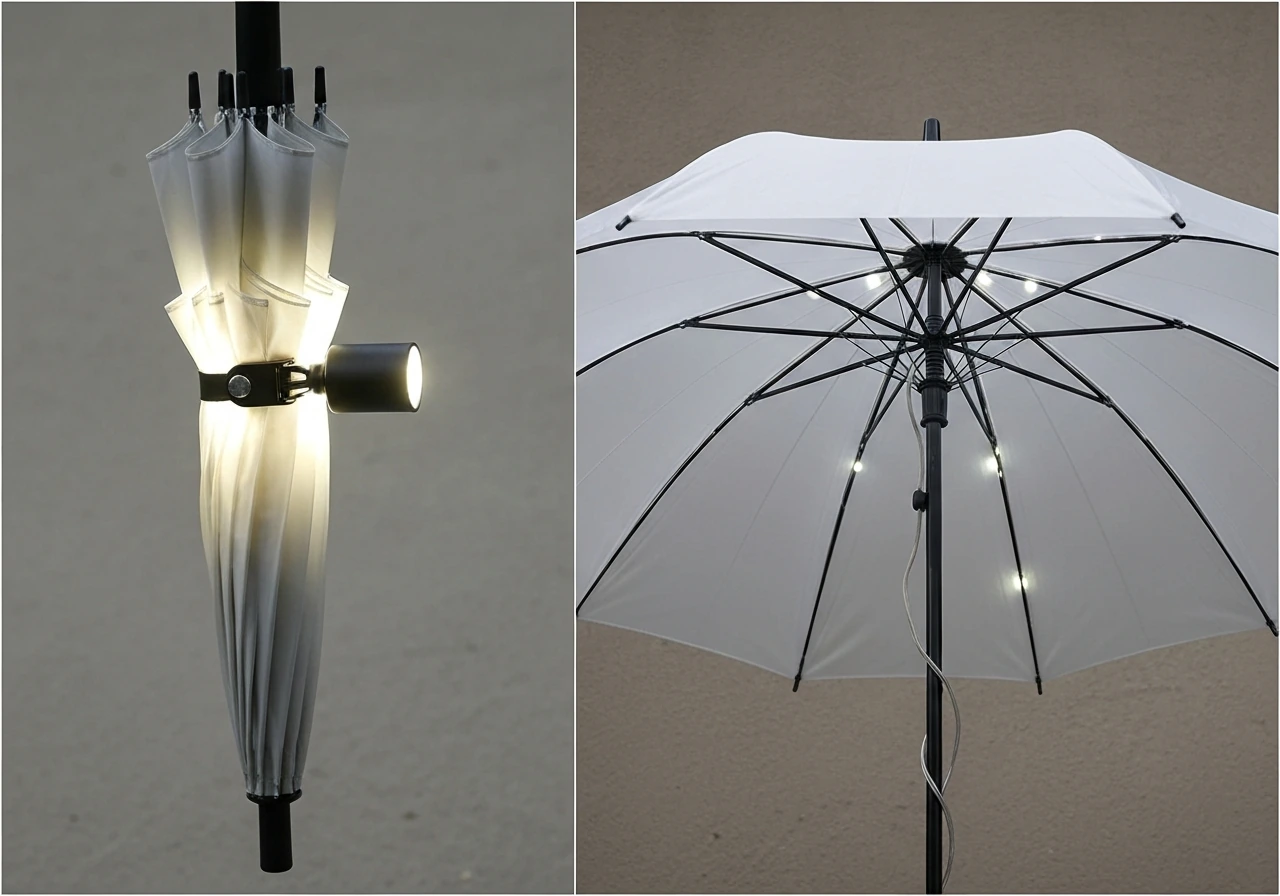 Split-screen: left shows a clip-on cylinder light on an umbrella; right shows an integrated LED lighted umbrella.