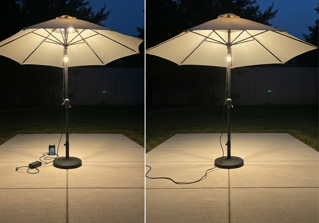 Side-by-side battery and plug-in lighted patio umbrella setups with outdoor-rated power cord visible.