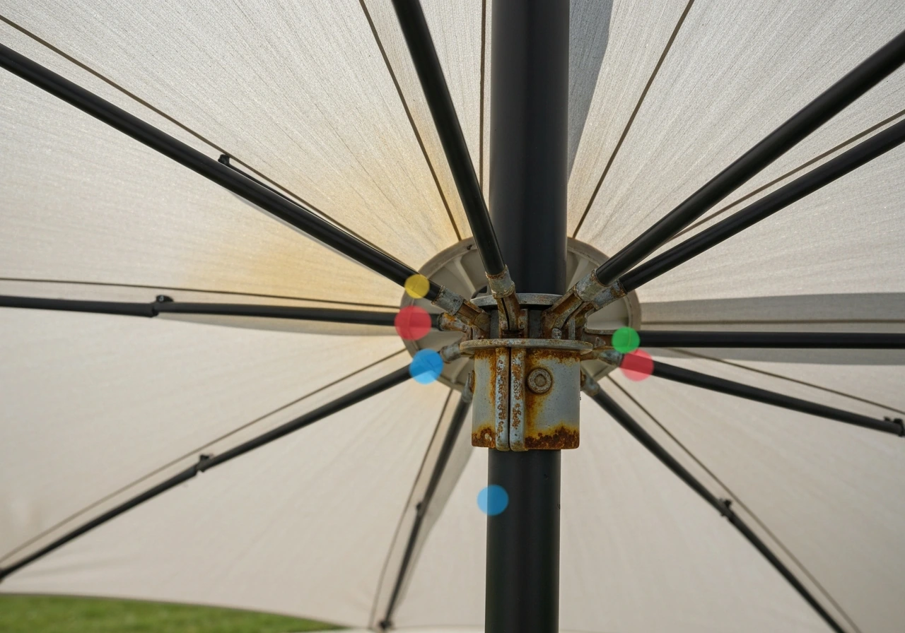 Close-up of a weathered patio umbrella canopy fabric and LED frame with visible fading and mild rust.