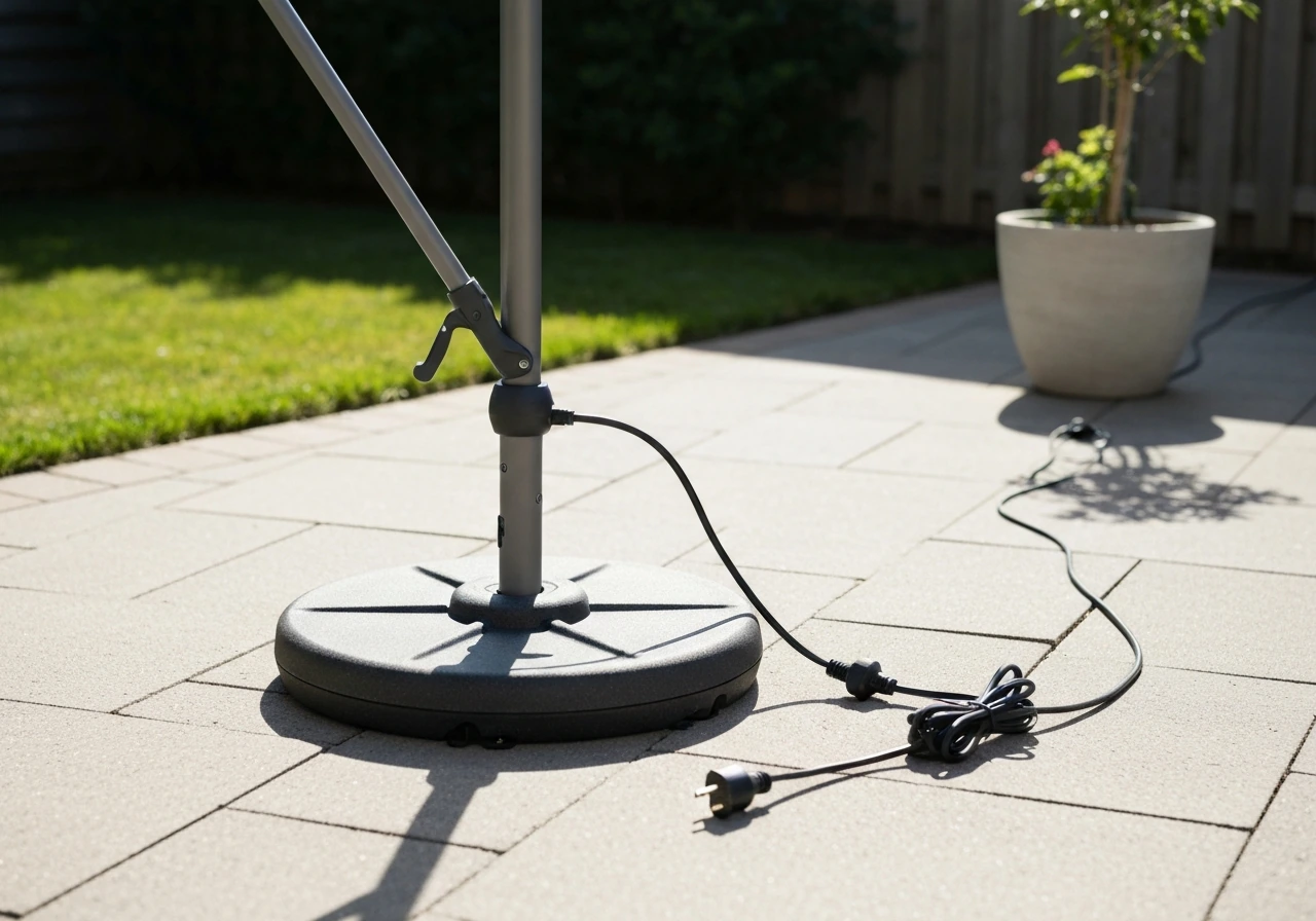 Lighted cantilever umbrella on a heavy anchored base with cable routed safely on a patio floor.