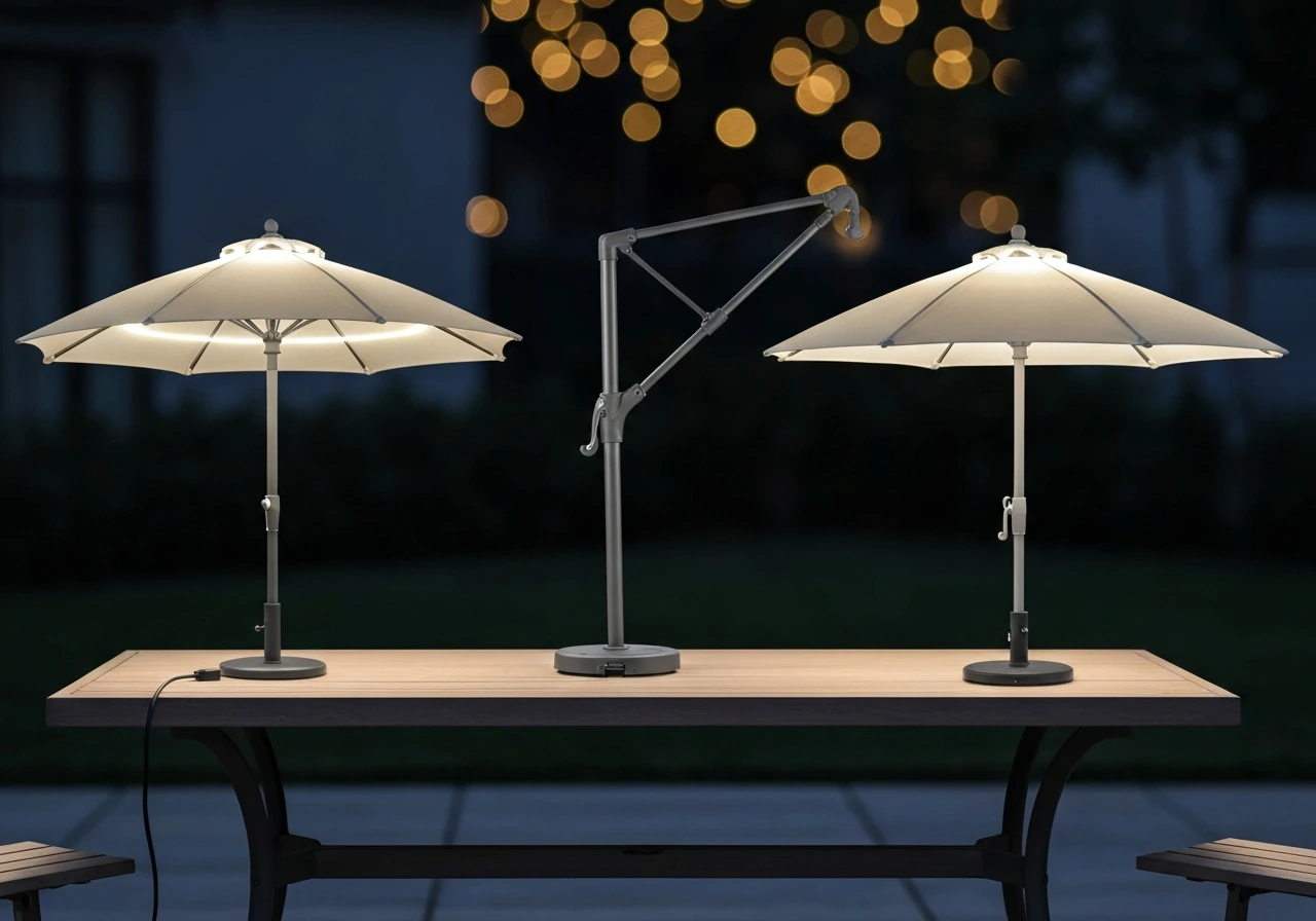 Three lighted patio umbrella bases side by side on a table, softly glowing LEDs, each with different canopy shapes.