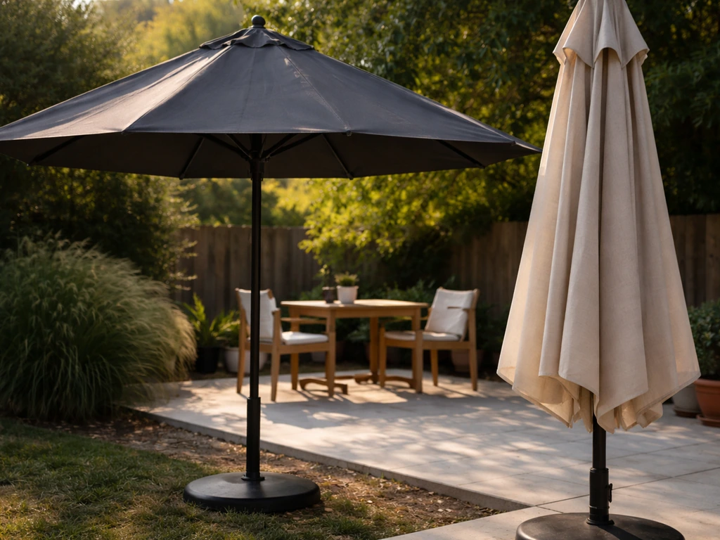 Sunlit patio showing open dark charcoal umbrella beside a lighter beige umbrella for glare reduction.