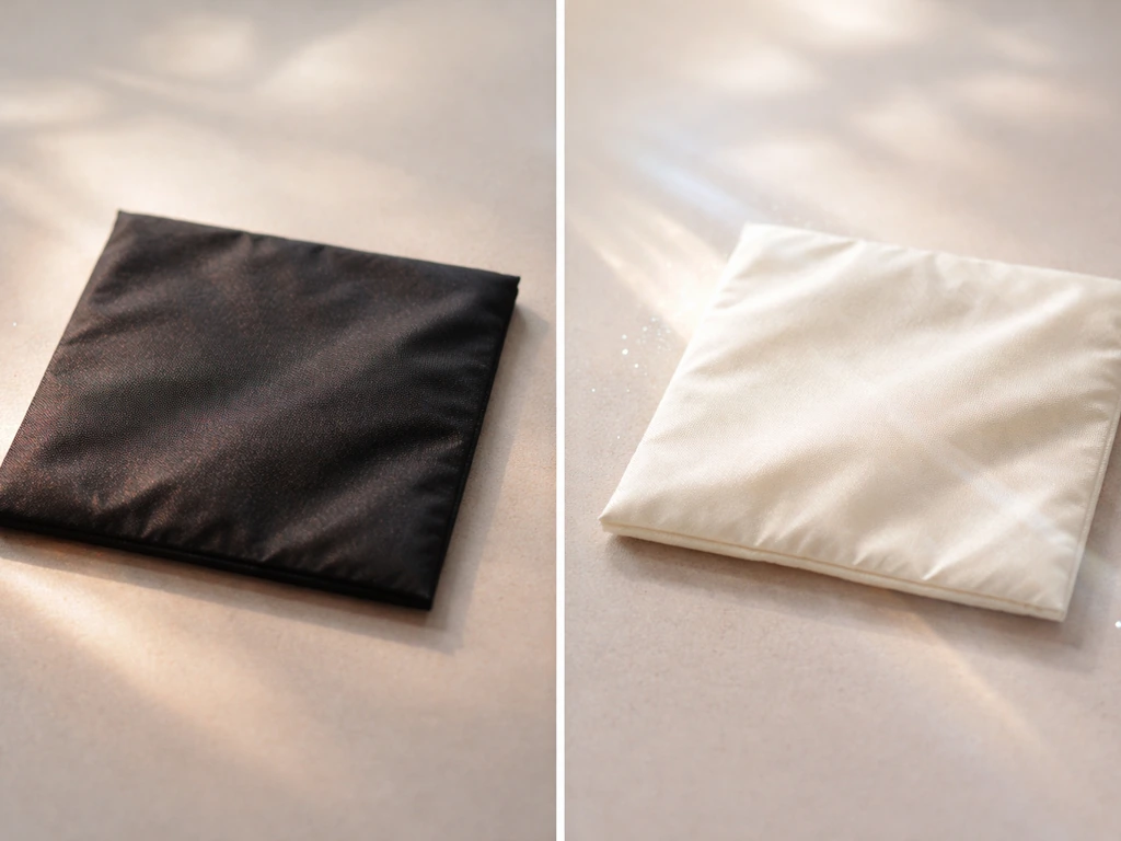 Close-up of dark and light umbrella fabric swatches showing how color changes glare and heat