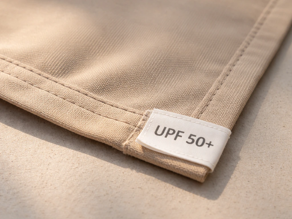 Closeup of an umbrella canopy fabric with a clearly visible UPF 50+ rating label and UV-protective textile texture.
