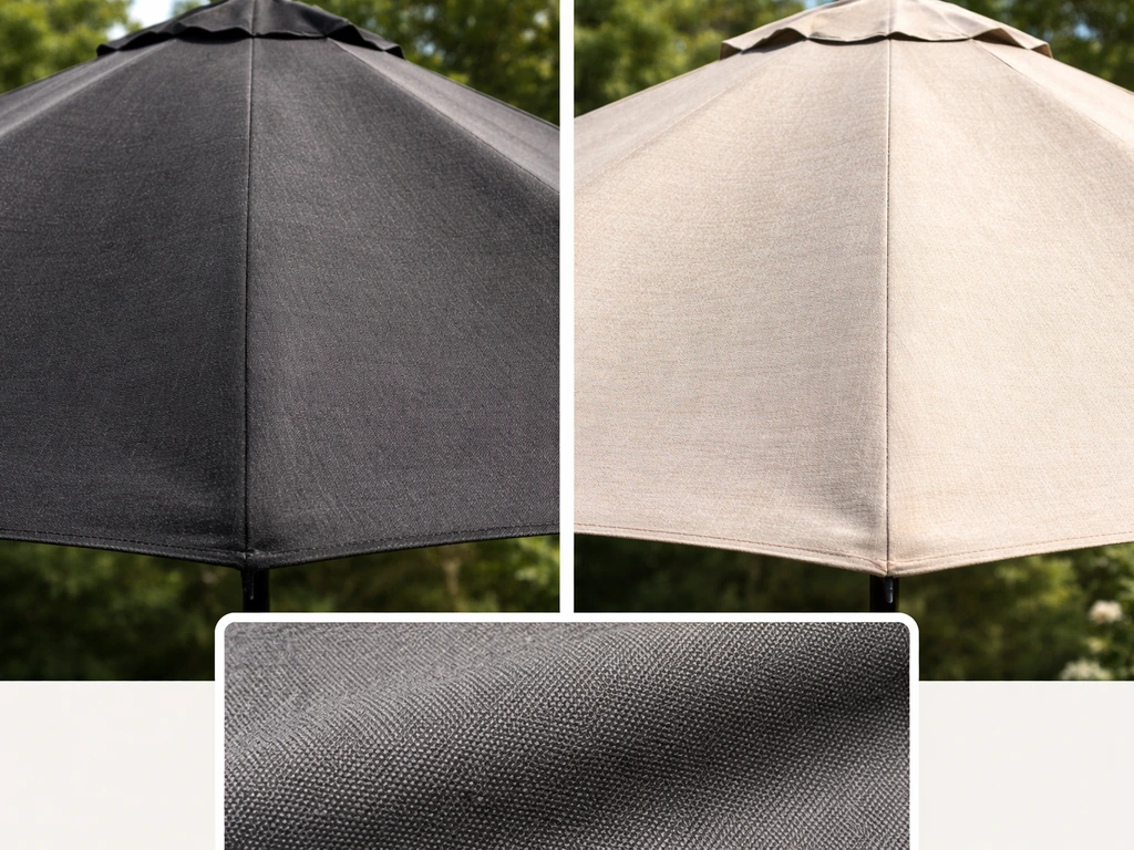Split-style photo showing dark and light umbrella fabric fading, plus a closeup of solution-dyed acrylic texture