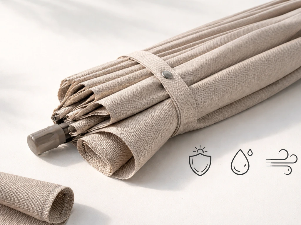 Minimal photo of a closed umbrella with shopping checklist items represented by small simple icons and fabric detail.