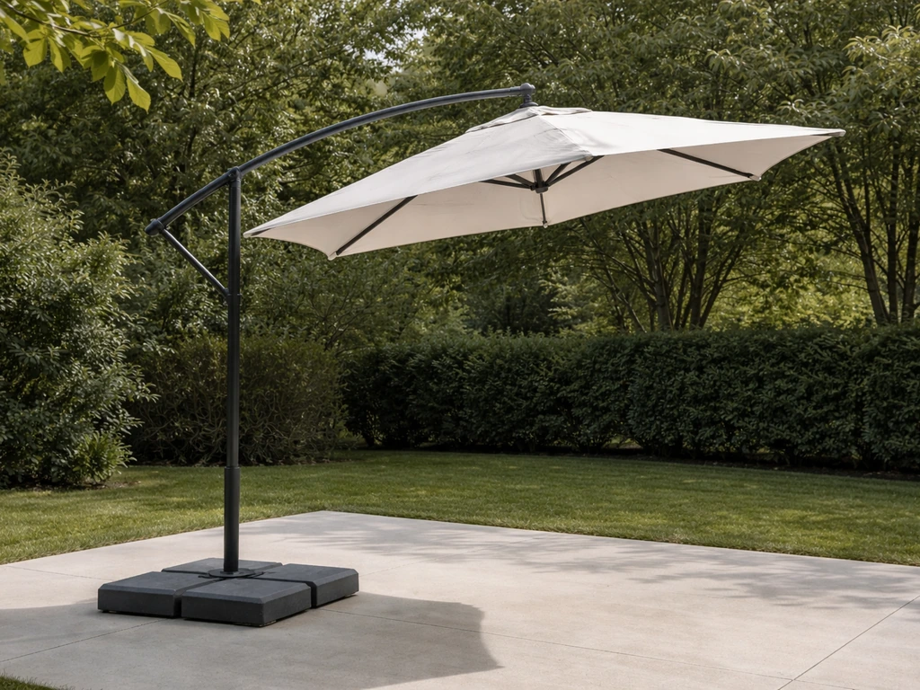 Offset patio umbrella with canopy angled by wind and a visible weighted base for stability