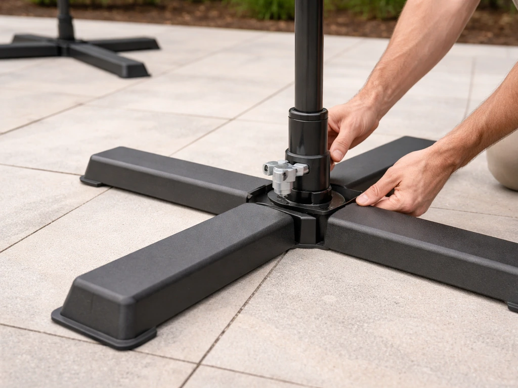 Person aligning a detachable umbrella crank and pole onto the cross base, showing correct assembly order.