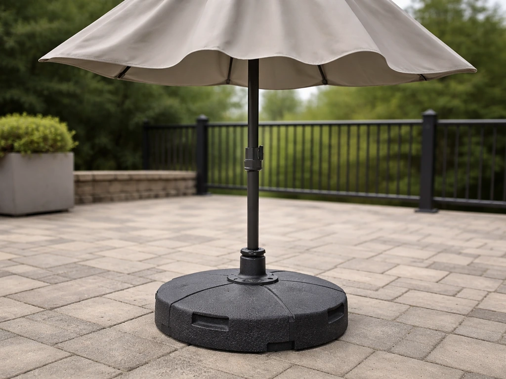 Close view of a heavy umbrella base on a patio in windy outdoor conditions, showing sturdy base-to-frame stability