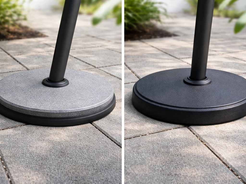 Two patio umbrella bases—light and heavy—on the same surface, one showing less stability under a slight tilt