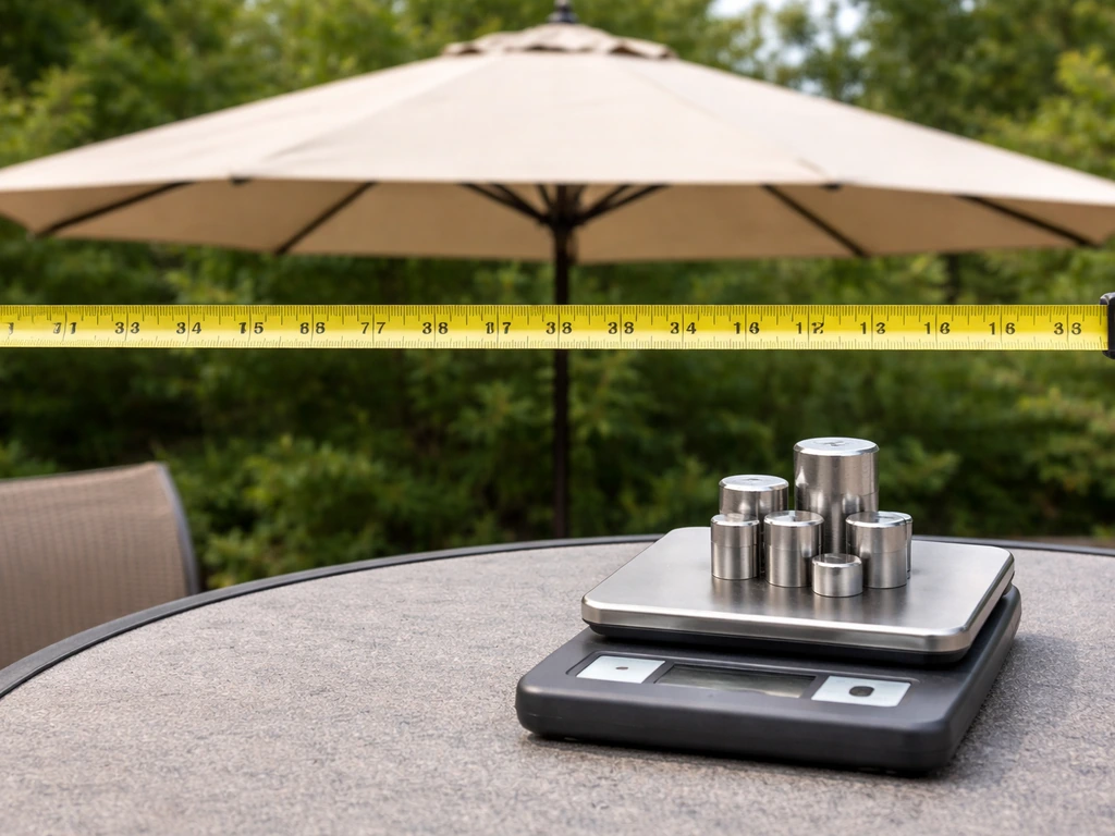 Tape measure stretched across a market umbrella canopy beside a scale with weight blocks, showing 10 lbs per foot rule.