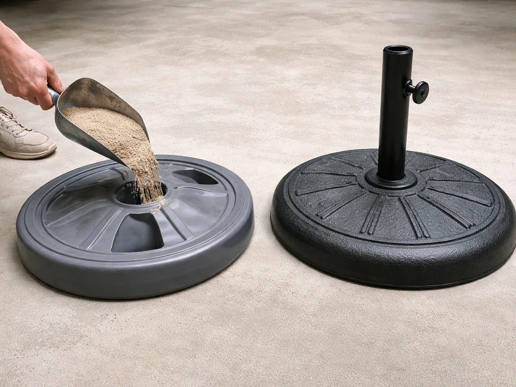 Fillable base shell being filled with sand beside a solid cast-iron base for comparison.