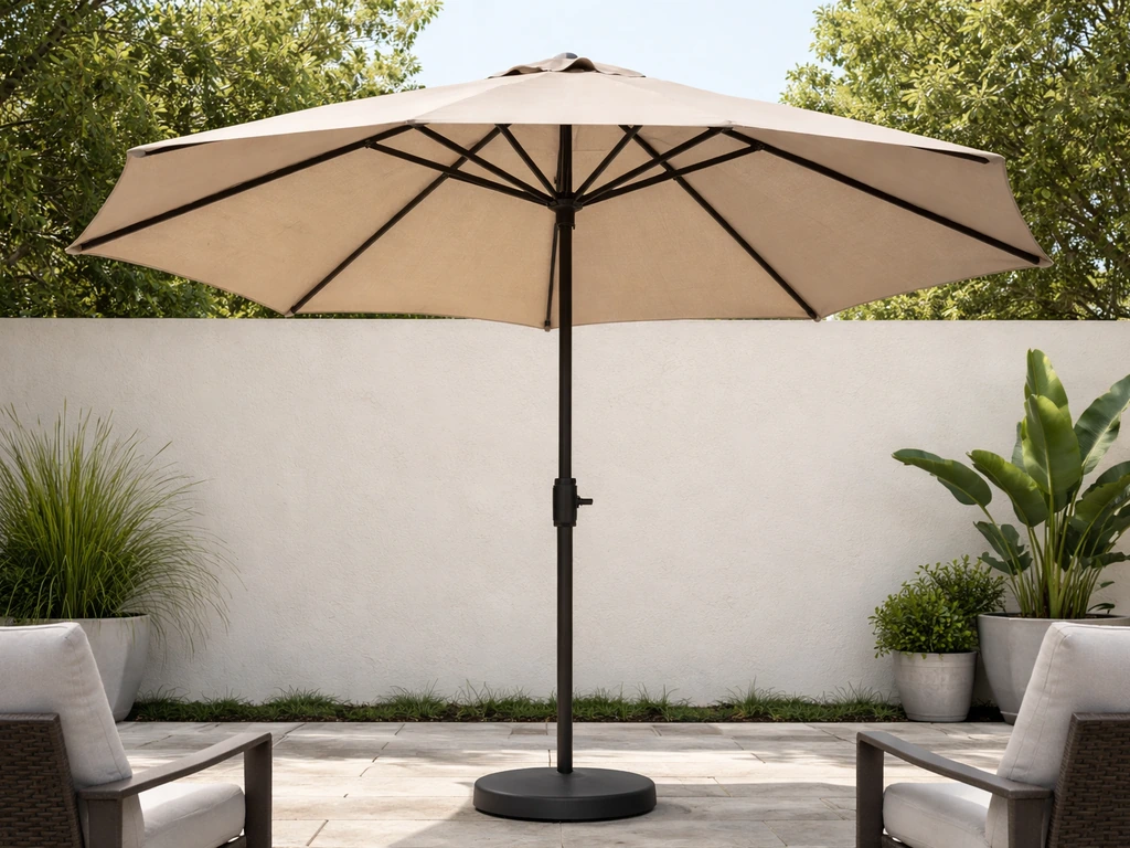 Stable fully opened 10ft patio umbrella shading an outdoor seating area on a calm patio.