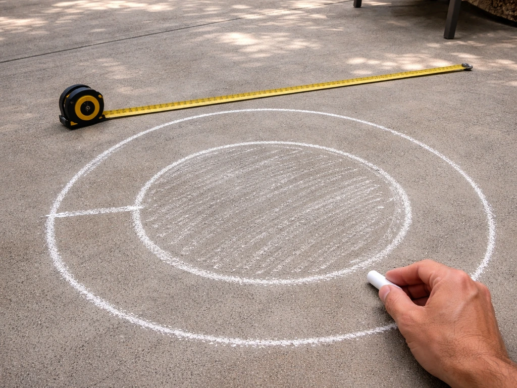 Measuring tape and chalk outline on a patio showing an umbrella’s usable shaded footprint.